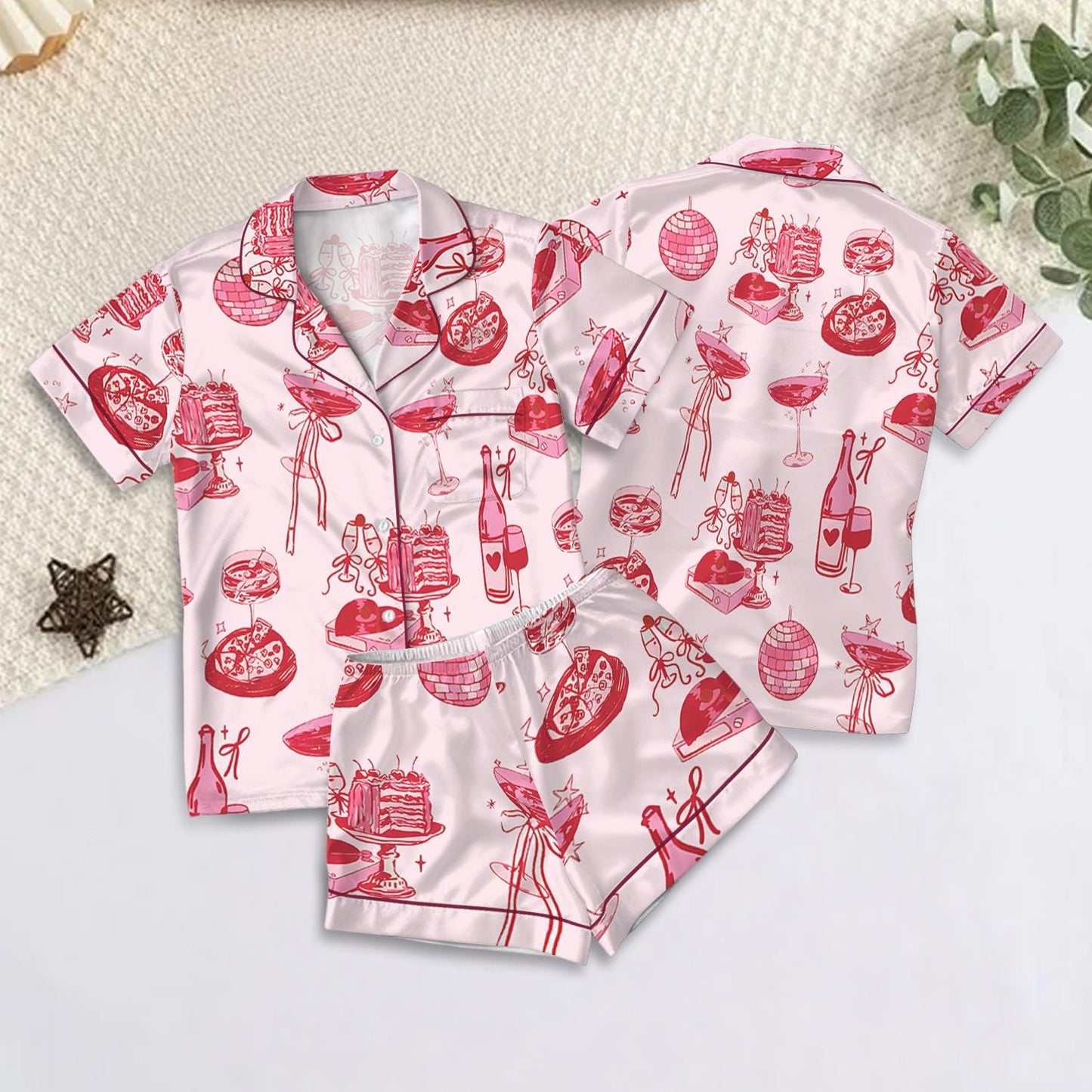 Cocktail Girl Social Club Satin Pajama Set, Retro Disco Ball Margarita Pjs, Cocktail Bow Loungewear, Cute Girly Party Pjs