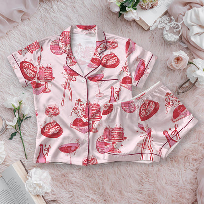 Cocktail Girl Social Club Satin Pajama Set, Retro Disco Ball Margarita Pjs, Cocktail Bow Loungewear, Cute Girly Party Pjs