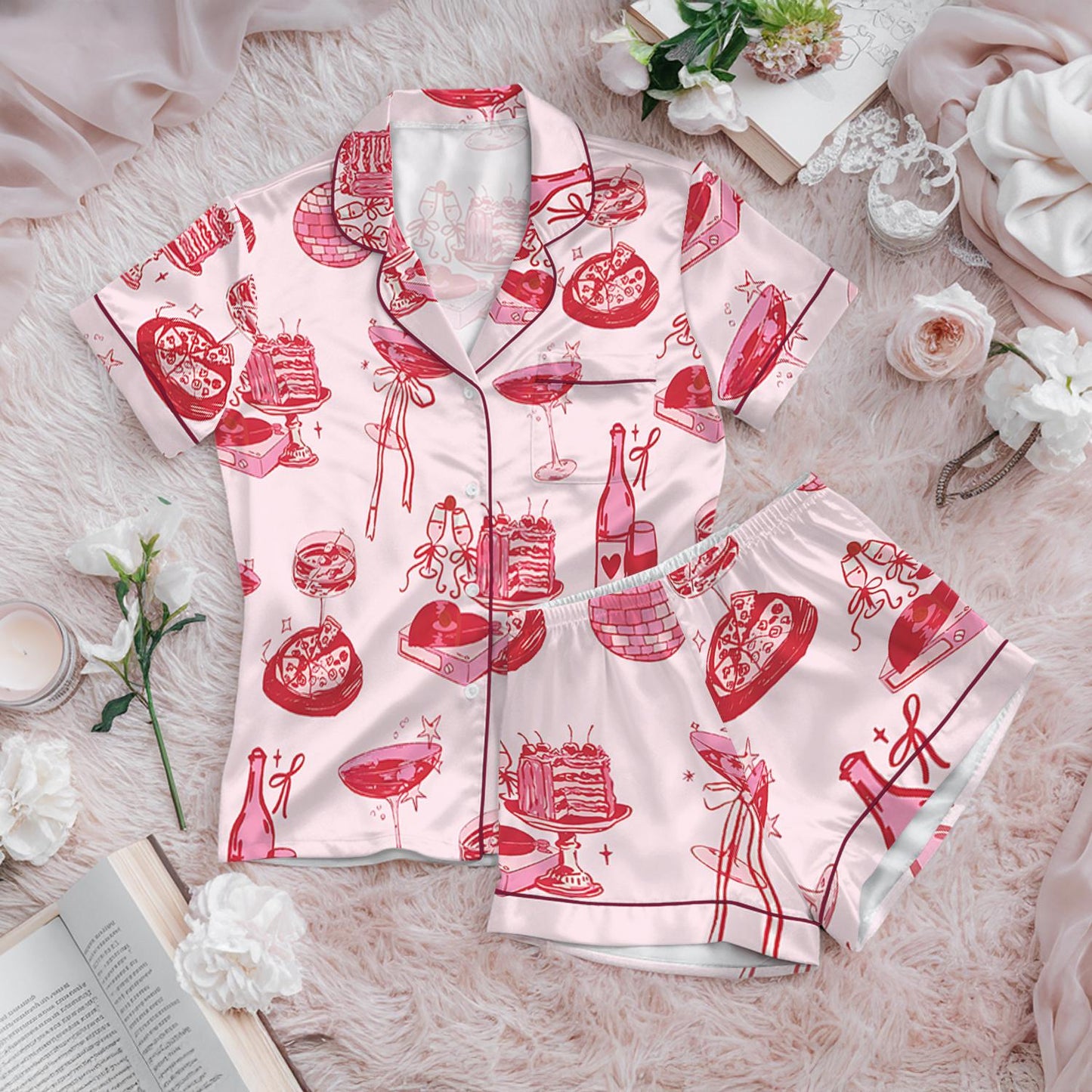 Cocktail Girl Social Club Satin Pajama Set, Retro Disco Ball Margarita Pjs, Cocktail Bow Loungewear, Cute Girly Party Pjs