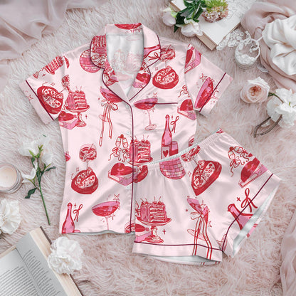 Cocktail Girl Social Club Satin Pajama Set, Retro Disco Ball Margarita Pjs, Cocktail Bow Loungewear, Cute Girly Party Pjs