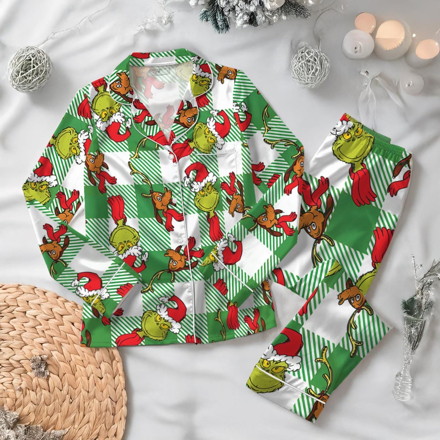Grinch Christmas Coquette Pajama Set, Grinchmas Christmas Sleepwear, Green Guy Pajamas, Christmas Movie Character Pjs