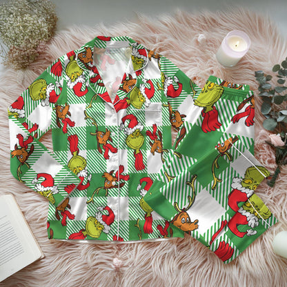 Grinch Christmas Coquette Pajama Set, Grinchmas Christmas Sleepwear, Green Guy Pajamas, Christmas Movie Character Pjs