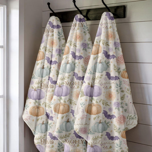 Custom Halloween Ghost Blanket, Personalized Spooky Fall Floral Throw, Bat Pumpkin Kid's Adult Blanket, Kawaii Name on Blanket Gift for Her