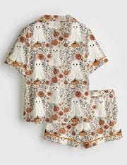 Women’s Cute Ghosts And Pumpkins Halloween Long Sleeve Satin Pajama Set, Pijamas short Long Set Gift For Women