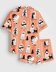 Women’s Ghost Cat Retro Ghost Halloween Spooky Season Short Sleeve Satin Pajama Set, Pajamas short Long Set Gift For Women