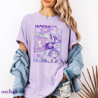 Demon hunters kpops comfort colors shirt jinu manga anime graphic tee Korean pop streetwear Huntrix kpop shirt demon hunter merch fan top