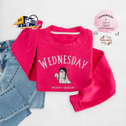 Embroidered Wednesday Halloween Sweatshirt, Spooky Season Birthday Crewneck, Cute Wednesday TV Show Fall Pullover, Gothic Party Top