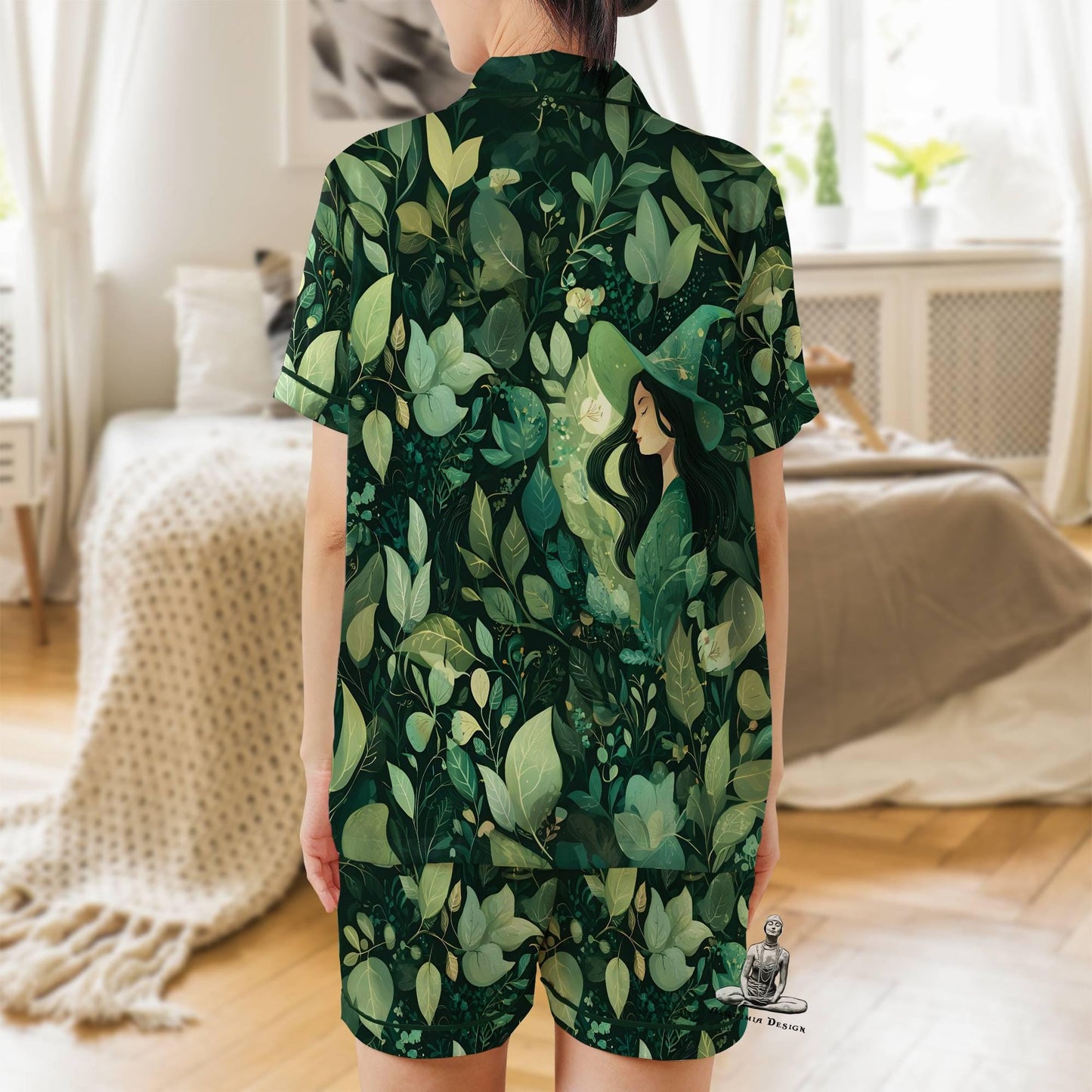 Green Witch Pajama Set Short Sleeves, Witchy Woman's Satin Pajama Short Sleeve Pagan Wiccan Gift Plant Lover Witch Gifts