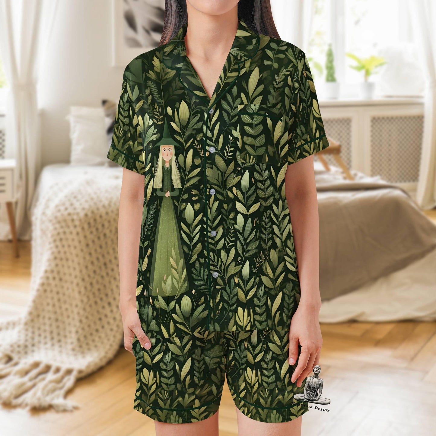 Green Witch Pajama Set Short Sleeves, Witchy Woman's Satin Pajama Short Sleeve Pagan Wiccan Gift Plant Lover Witch Gifts