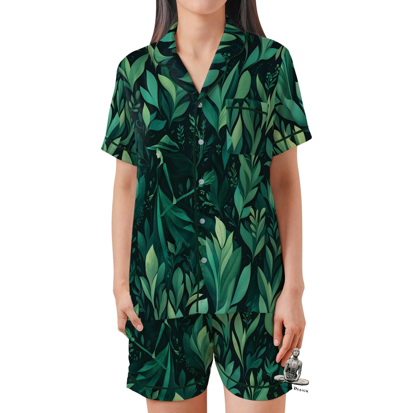 Green Witch Pajama Set Short Sleeves, Witchy Woman's Satin Pajama Short Sleeve Pagan Wiccan Gift Plant Lover Witch Gifts