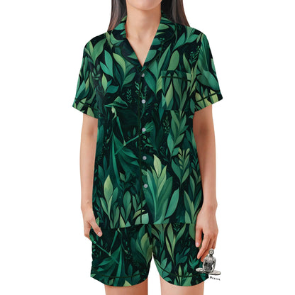 Green Witch Pajama Set Short Sleeves, Witchy Woman's Satin Pajama Short Sleeve Pagan Wiccan Gift Plant Lover Witch Gifts