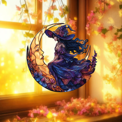 Celestial witch moon window hanging,floral witch sitting on crescent moon decor,magical boho wall art for witchy homes, cosmic window lovers