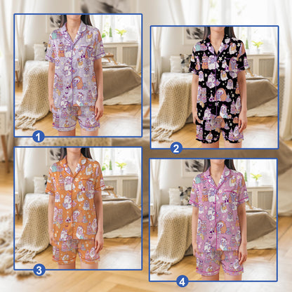 Bookish Ghost Satin Pajama Set, Cute Ghost Reading Book Halloween Pajamas, Cute Halloween Sleepwear For Book Lovers, Spooky Season Pajamas