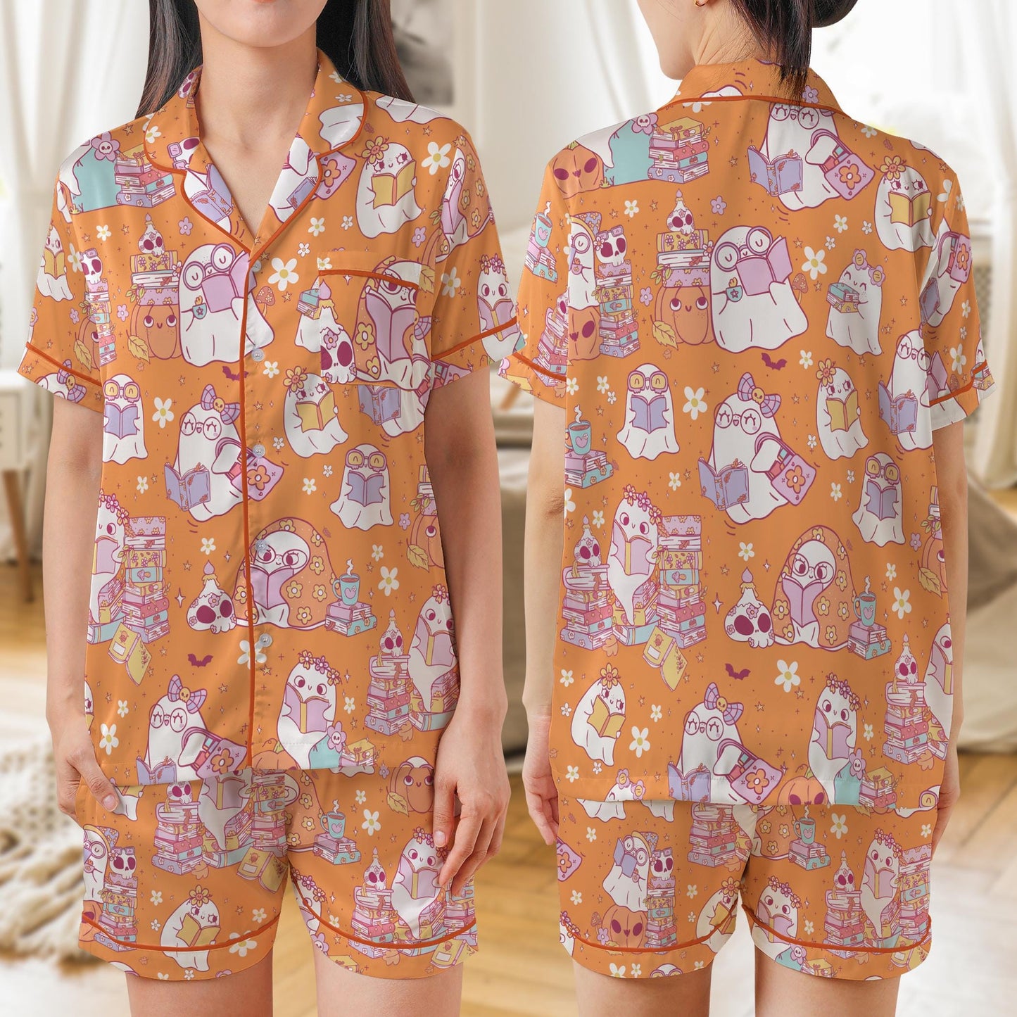 Bookish Ghost Satin Pajama Set, Cute Ghost Reading Book Halloween Pajamas, Cute Halloween Sleepwear For Book Lovers, Spooky Season Pajamas