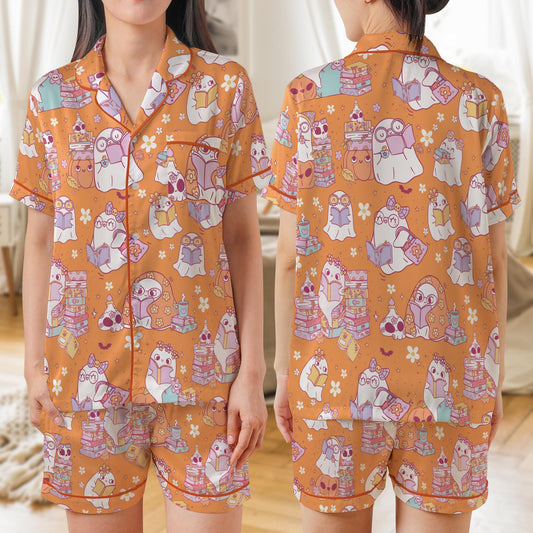 Bookish Ghost Satin Pajama Set, Cute Ghost Reading Book Halloween Pajamas, Cute Halloween Sleepwear For Book Lovers, Spooky Season Pajamas