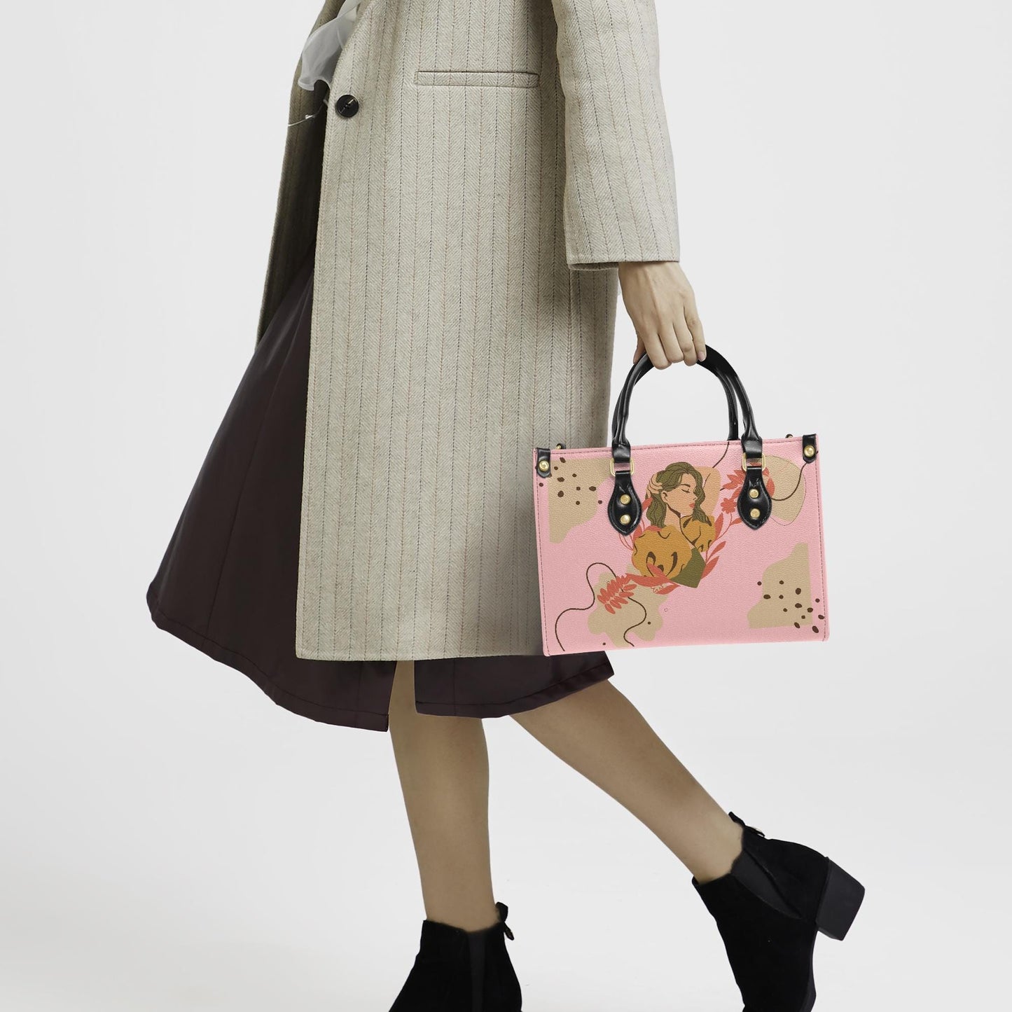 Autumn Pumpkin Art Tote Bag | Fall Women's Handbag | Pink Illustration Purse | Cute Halloween Aesthetic | PU Leather Shoulder Bag
