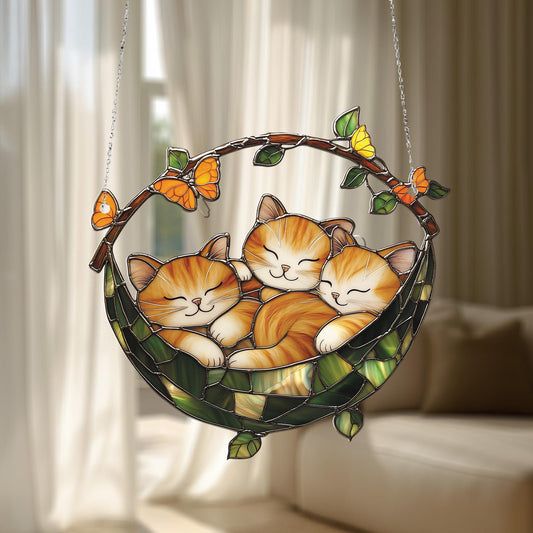 Adorable Three Cats Window Hanging with Butterflies, Cozy and Cute Feline Decor Gift for Cat Lovers and Warm Home Decoration