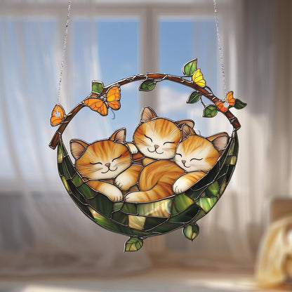 Adorable Three Cats Window Hanging with Butterflies, Cozy and Cute Feline Decor Gift for Cat Lovers and Warm Home Decoration