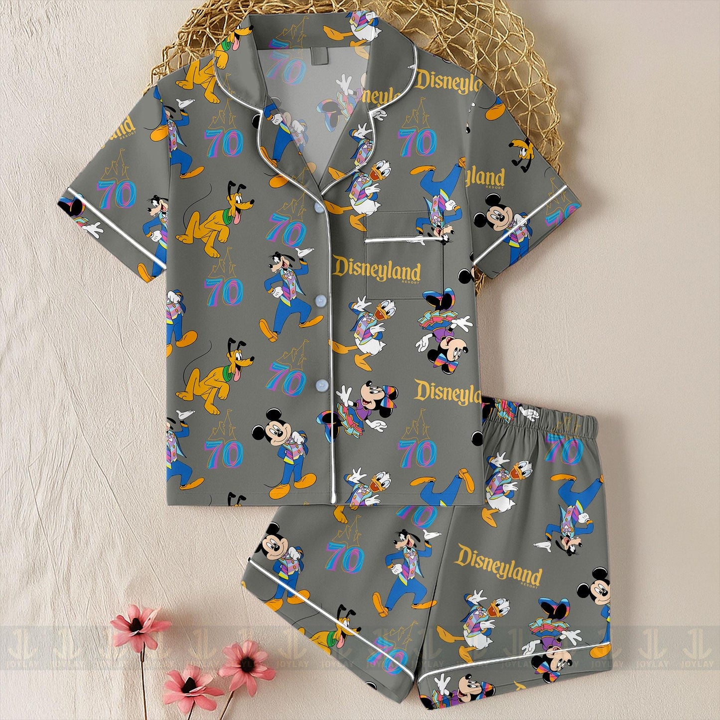 Mickey Minnie Donald Goofy 70th Unisex Satin Pajamas Set, Spooky Season Pajamas , Long Sleeve And Short Styles