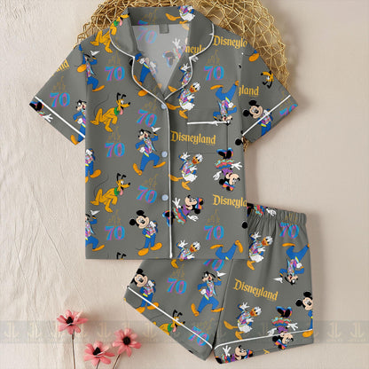 Mickey Minnie Donald Goofy 70th Unisex Satin Pajamas Set, Spooky Season Pajamas , Long Sleeve And Short Styles