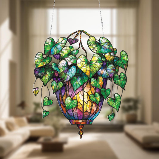 Colorful Hanging Plant Window Decoration with Heart Shaped Leaves, Nature Inspired Boho Style Art for Home or Garden Lovers