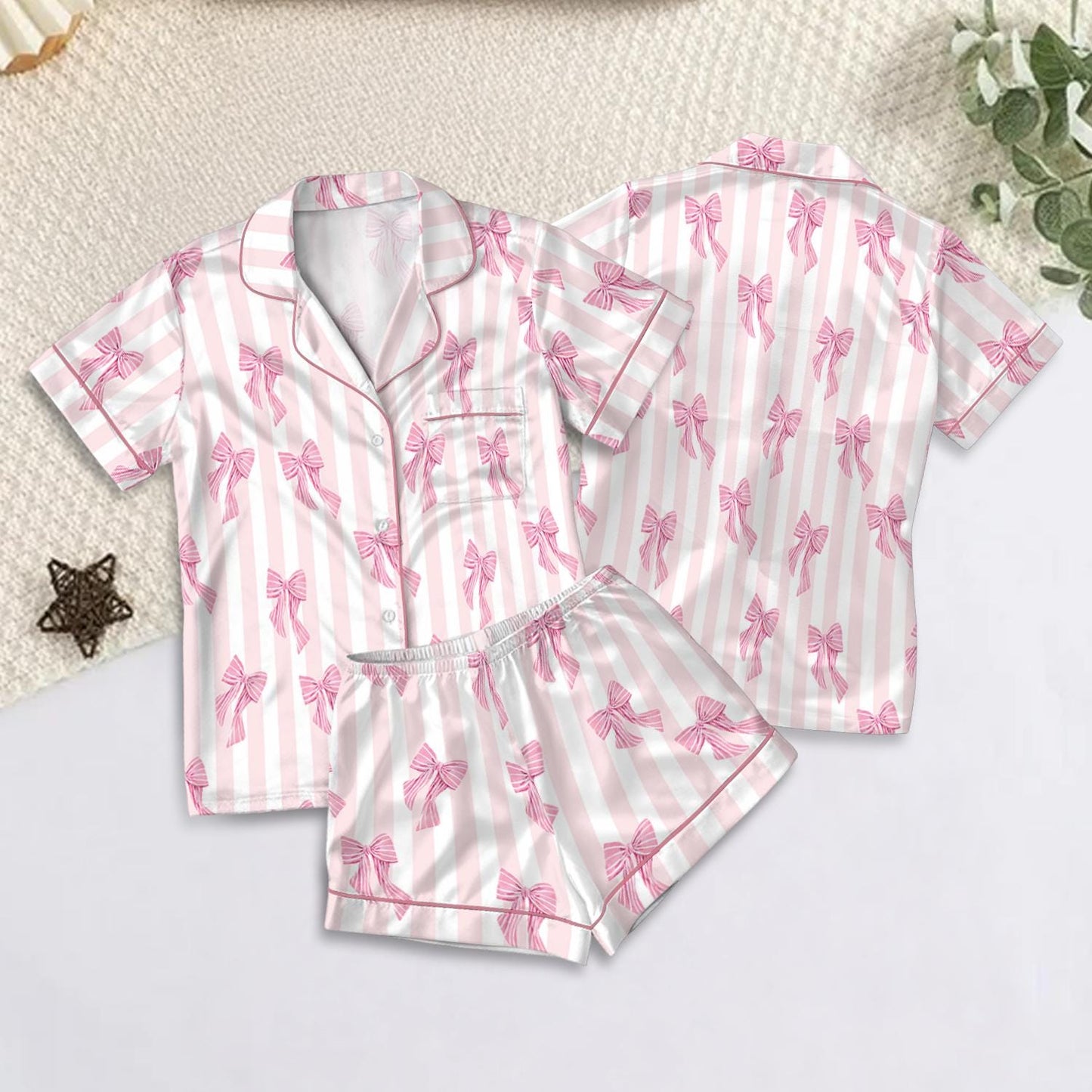 Personalized Name Pink Bow Coquette Satin Pajama Set, Custom Coquette Bow Pajamas, Cute Ribbon Lounge Set