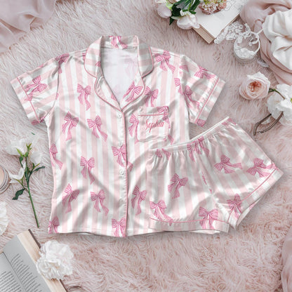 Personalized Name Pink Bow Coquette Satin Pajama Set, Custom Coquette Bow Pajamas, Cute Ribbon Lounge Set