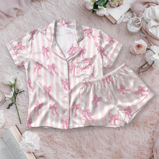 Personalized Name Pink Bow Coquette Satin Pajama Set, Custom Coquette Bow Pajamas, Cute Ribbon Lounge Set