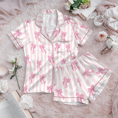 Personalized Name Pink Bow Coquette Satin Pajama Set, Custom Coquette Bow Pajamas, Cute Ribbon Lounge Set