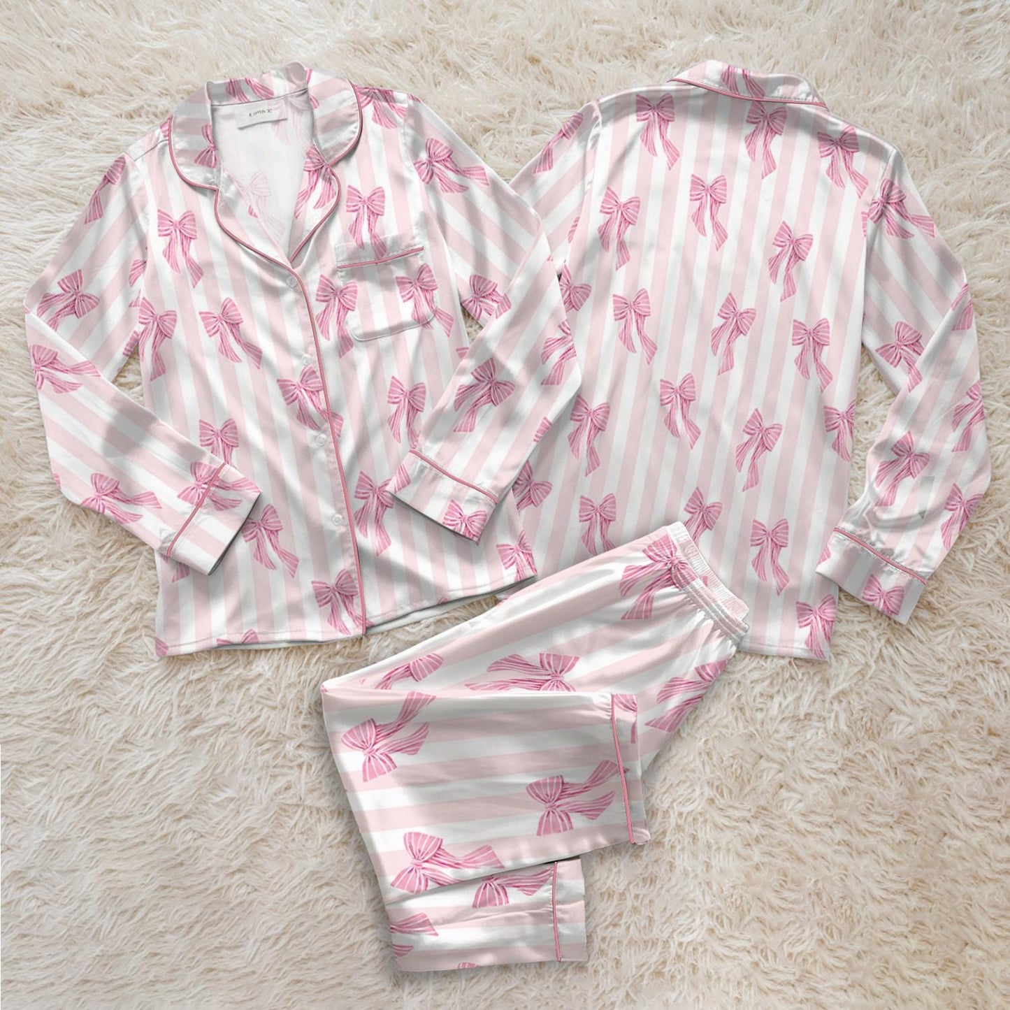 Personalized Name Pink Bow Coquette Satin Pajama Set, Custom Coquette Bow Pajamas, Cute Ribbon Lounge Set