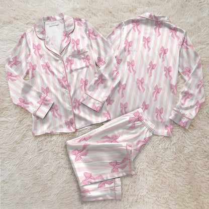 Personalized Name Pink Bow Coquette Satin Pajama Set, Custom Coquette Bow Pajamas, Cute Ribbon Lounge Set