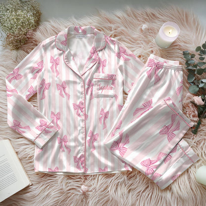 Personalized Name Pink Bow Coquette Satin Pajama Set, Custom Coquette Bow Pajamas, Cute Ribbon Lounge Set