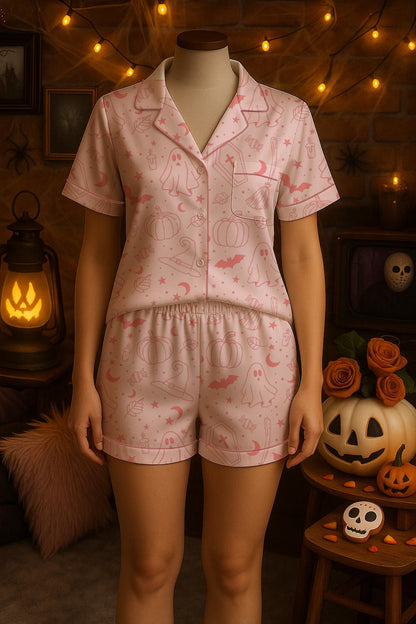 Pink Halloween Satin Pajama Set with Ghost and Pumpkin Pattern, Cute Short Sleeve Sleepwear for Spooky Fall Nights, Pink ghost Sleepwear  Pajamas Set