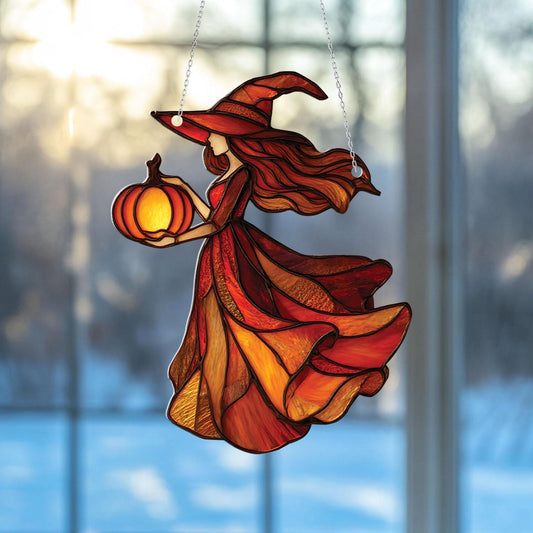 Halloween Witch with Pumpkin Window Hanging, Spooky Autumn Home Decor, Gothic Fall Ornament for Halloween and Witchy Lovers