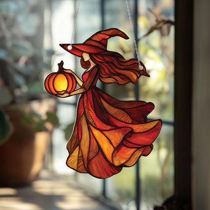 Halloween Witch with Pumpkin Window Hanging, Spooky Autumn Home Decor, Gothic Fall Ornament for Halloween and Witchy Lovers