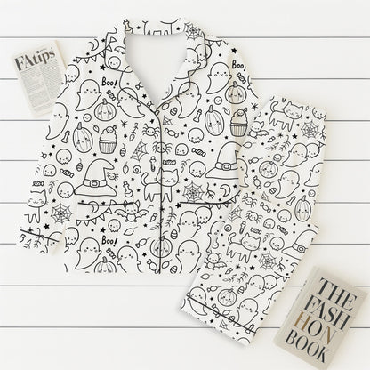 Halloween Pattern Pajamas Set, Cute Boo Witch Pumpkin Bat Spider Web Sleepwear, Spooky Season Gift, Halloween Matching Set