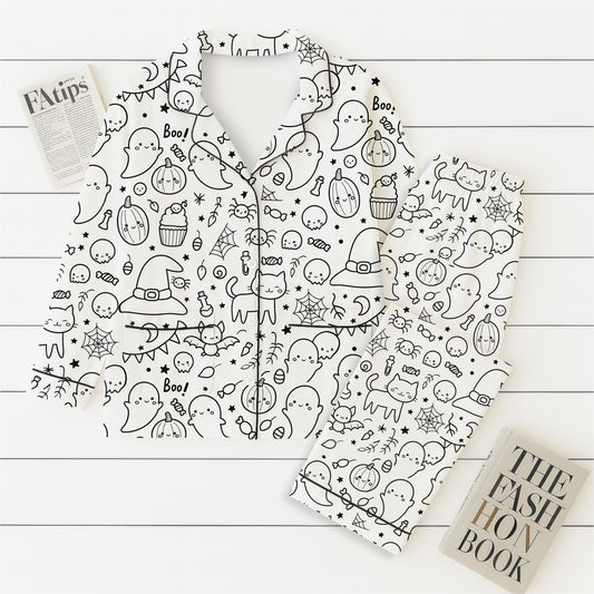 Halloween Pattern Pajamas Set, Cute Boo Witch Pumpkin Bat Spider Web Sleepwear, Spooky Season Gift, Halloween Matching Set