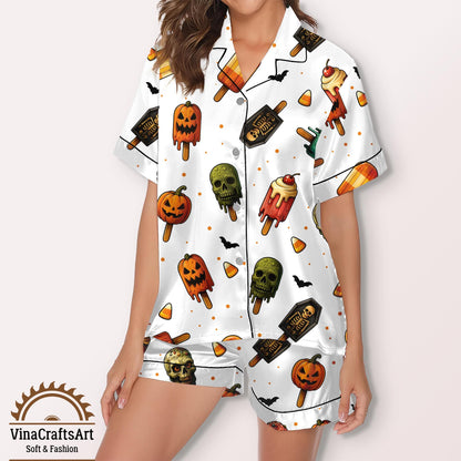 Halloween Popsicle Satin Pajamas Set – Spooky Cute Sleepwear for Women, Soft Short & Long Sleeve Nightwear, Halloween Costume Pajamas