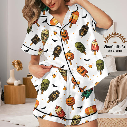 Halloween Popsicle Satin Pajamas Set – Spooky Cute Sleepwear for Women, Soft Short & Long Sleeve Nightwear, Halloween Costume Pajamas
