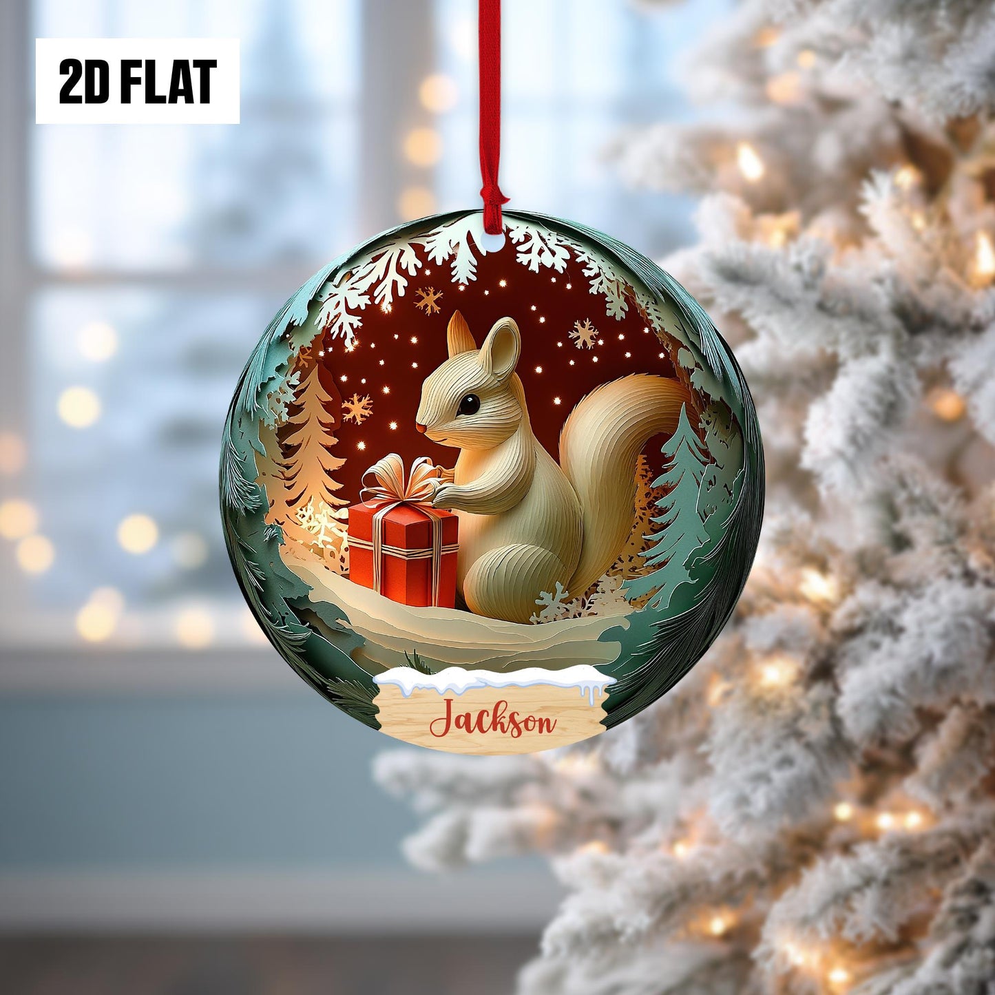 Personalized Squirrel Holding Presents 2D Flat Ornament, Squirrel Paper Cut Effect Christmas Ornament, Squirrel Christmas Home Decoration