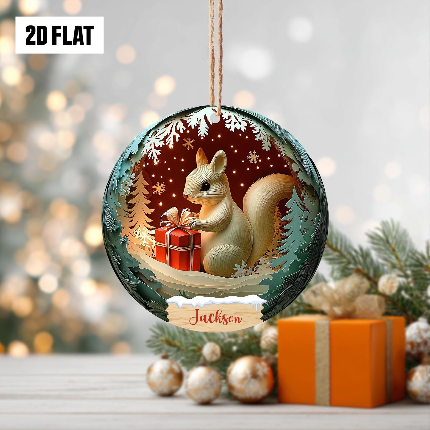 Personalized Squirrel Holding Presents 2D Flat Ornament, Squirrel Paper Cut Effect Christmas Ornament, Squirrel Christmas Home Decoration