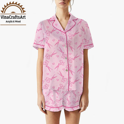 Pink Scissors Pajama Set – Cute Crafty Sleepwear for Women, Hearts & Shears Print Loungewear, Seamstress or Stylist Gift, Cozy PJ Set
