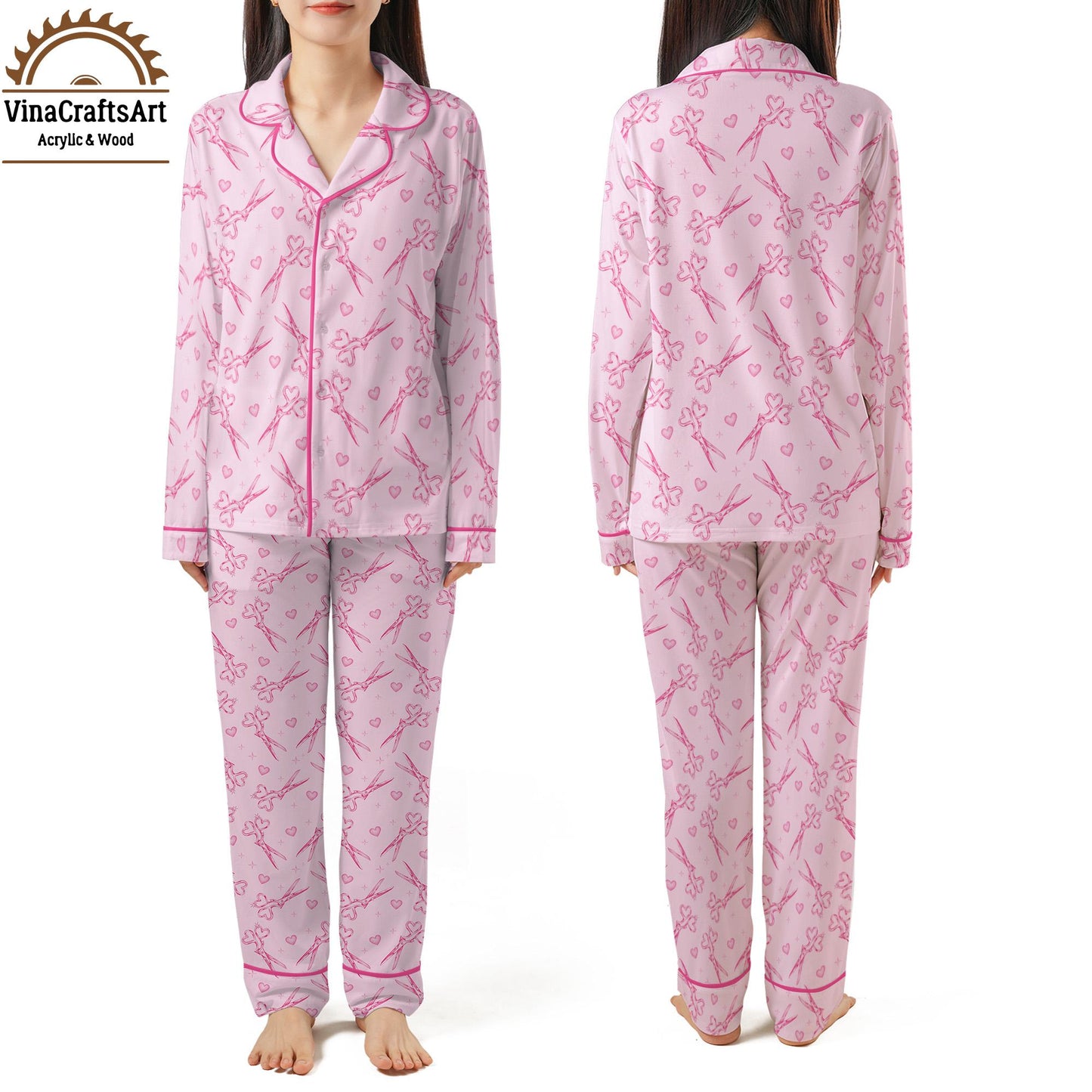Pink Scissors Pajama Set – Cute Crafty Sleepwear for Women, Hearts & Shears Print Loungewear, Seamstress or Stylist Gift, Cozy PJ Set