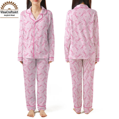 Pink Scissors Pajama Set – Cute Crafty Sleepwear for Women, Hearts & Shears Print Loungewear, Seamstress or Stylist Gift, Cozy PJ Set