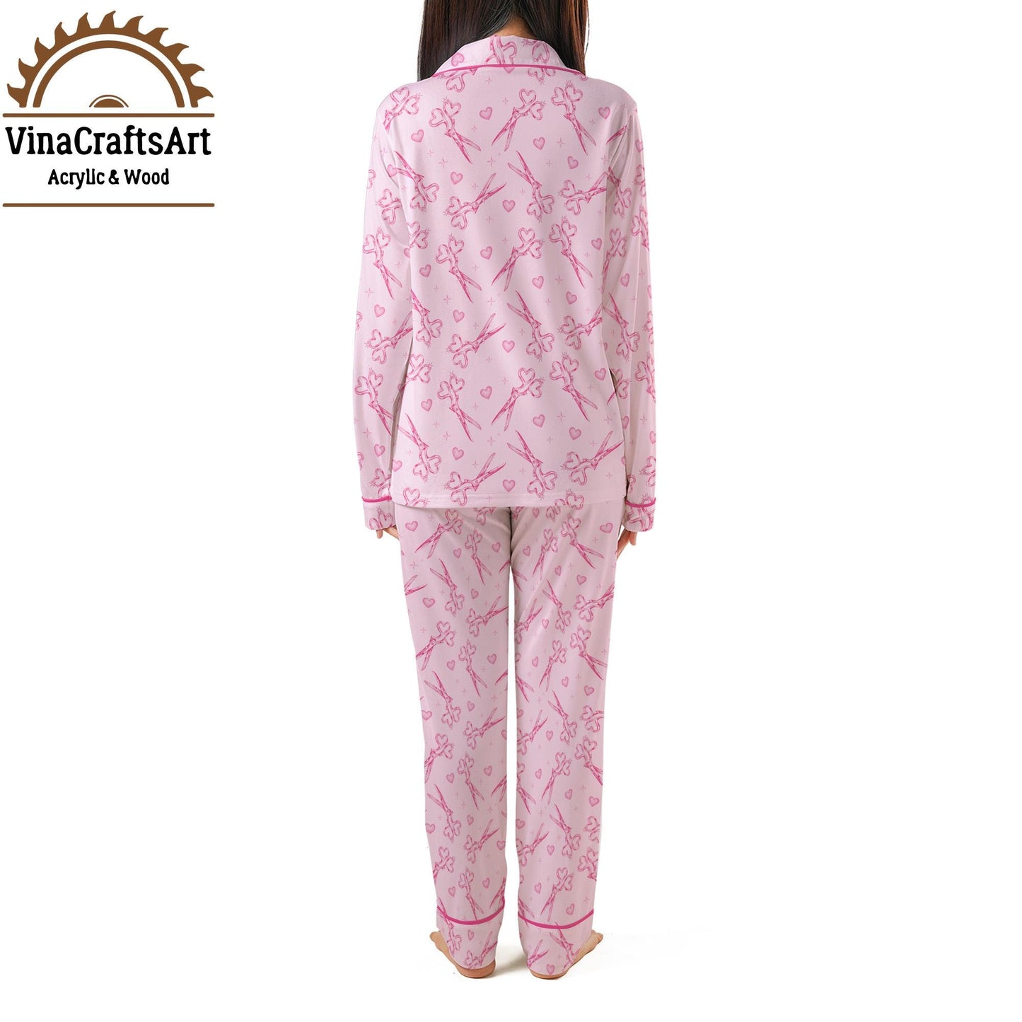 Pink Scissors Pajama Set – Cute Crafty Sleepwear for Women, Hearts & Shears Print Loungewear, Seamstress or Stylist Gift, Cozy PJ Set
