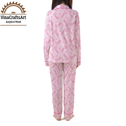 Pink Scissors Pajama Set – Cute Crafty Sleepwear for Women, Hearts & Shears Print Loungewear, Seamstress or Stylist Gift, Cozy PJ Set