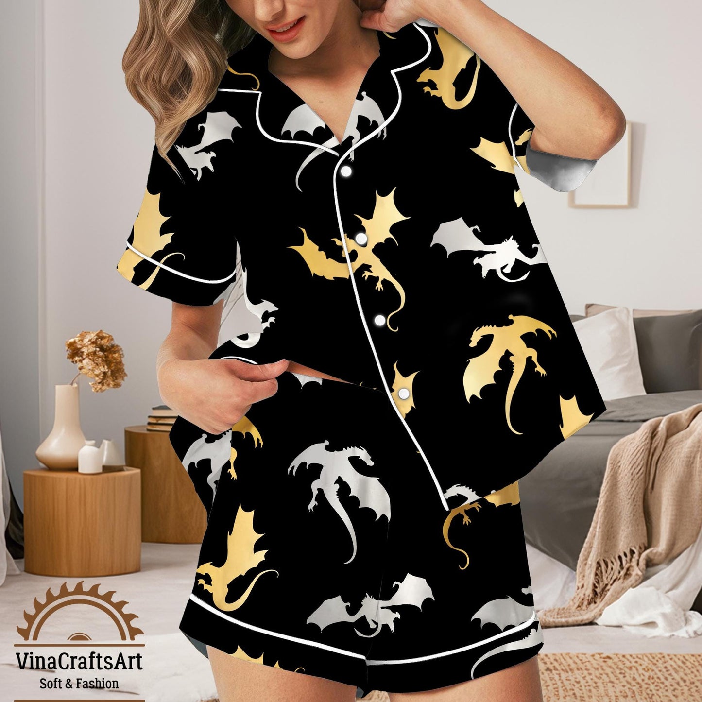 Black & Gold Dragon Satin Pajamas Set – Elegant Fantasy Loungewear for Women, Dragon Rider Bookish Loungewear, Book Lover Gift