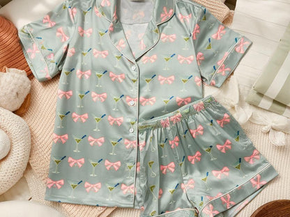 Dirty Martini Pink Bow Coquette Satin Pajamas Set, Bridesmaid Pajamas, Bachelorette Pajamas, Girly Matching Pajamas, Pink Bow Bride Pajamas