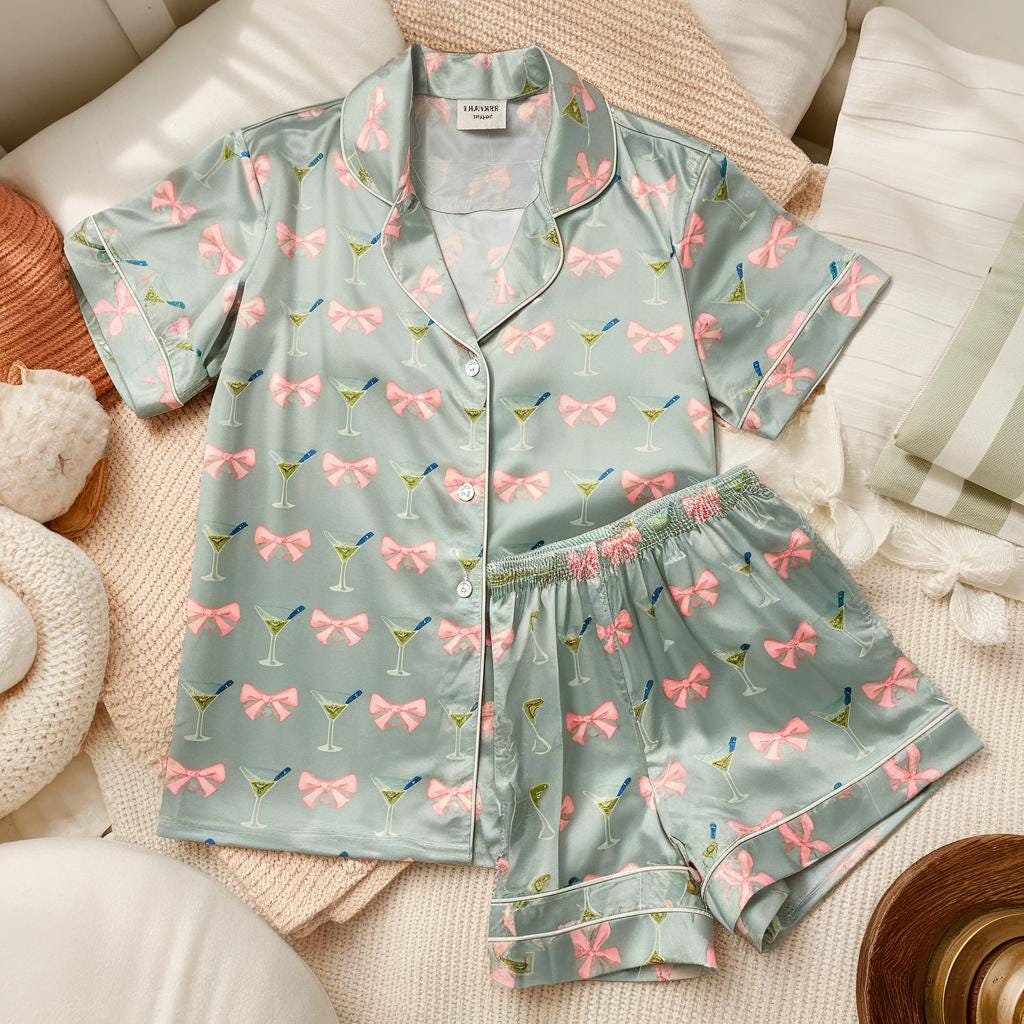 Dirty Martini Pink Bow Coquette Satin Pajamas Set, Bridesmaid Pajamas, Bachelorette Pajamas, Girly Matching Pajamas, Pink Bow Bride Pajamas