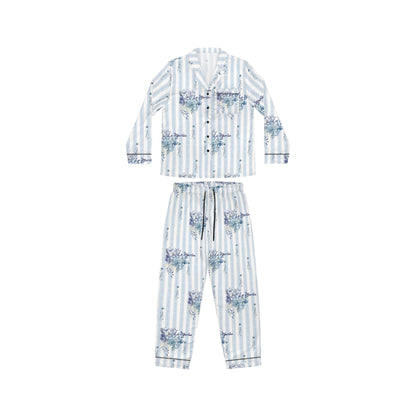 Bridgerton Inspired Something Blue Satin Bridal Pajamas – Vintage Floral Stripe Bride Getting Ready Sleepwear Set – Wedding Morning Outfit